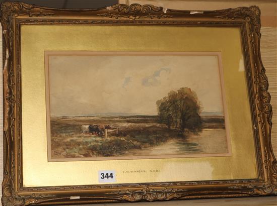 E.M. Wimperis, watercolour, cattle by a stream, signed, 20 x 32cm